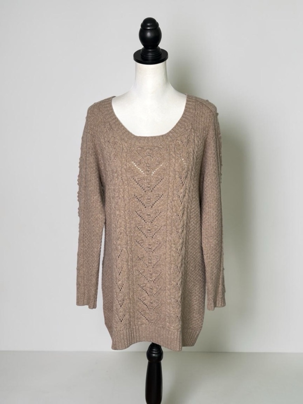 Garnet Hill 100% Extrafine Merino Wool Cable Knit Tunic Sweater - Size S - Tan